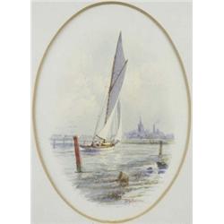 Stephen John Batchelder (1849 - 1932), Near Norwich, with sailing boat, the city and cathedral be...