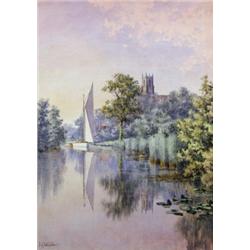 Stephen John Batchelder (1849 - 1932), Evening Glow, a quiet backwater with sailing boat, church...