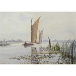 Stephen John Batchelder (1849 - 1932), Early Evening, with wherries, a reed bed with waterlilies...