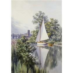 Stephen John Batchelder (1849 - 1932), Wooded Summer Broadland Scene, with sailing boat and churc...