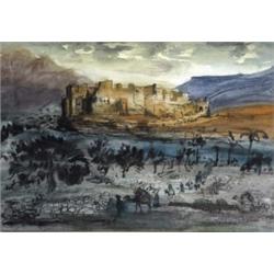 John Piper (1903 - 1992), Landscape In The Levant, with fortified town, a camel and mule train in...