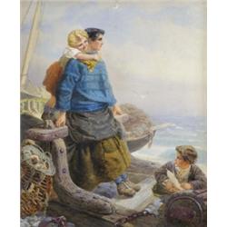 Alfred Fripp (1822 - 1895), Waiting For The Fleet, a fisherman's wife and children looking out to...