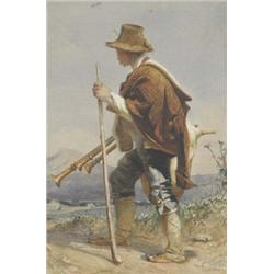 Carl Haag (1820 - 1915), Study Of An Italian Shepherd, with staff and bagpipes, signed, watercolo...
