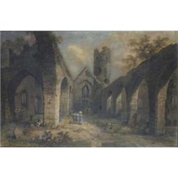 English School (Early 19th Century), Visitors In A Ruined Abbey, indistinctly signed, watercolour...