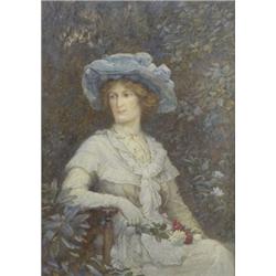 Henry Reynolds Steer (1858 - 1928), Portrait Of A Lady, wearing large blue hat and white day dres...