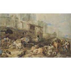 Dutch Provincial Artist (Mid-19th Century), Village Scene, with packhorses, cattle, goats and fig...