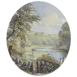 Michael Crawley (20th Century Derbyshire Artist), In Dovedale, figures on a path by the river, si...