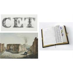 A Victorian stamped blue morocco sketchbook, with Gothic pierced gilt brass clasp, containing pen...