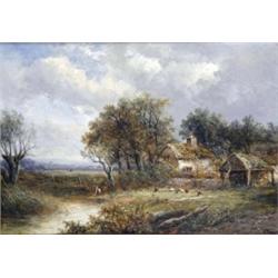Joseph Thors (fl. 1863 - 1900), The Old Farm, wooded summer landscape with figure and poultry bef...