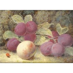 Oliver Clare (1853 - 1927), Still Life Of Peach And Spray Of Plums On A Mossy Bank, signed, 18 x...