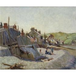 Arthur Spooner (1873 - 1962, Nottingham Artist), Sunlit Fishing Village, with children resting by...