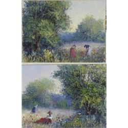 Maxwell Parsons (20th Century), A Pair - The Edge Of The Wood, figures in a flowering meadow, sig...