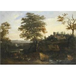 Dutch School (18th Century), Extensive Italianate Landscape, travellers, drovers and their animal...