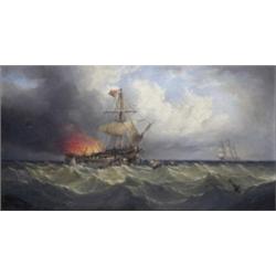 Henry Redmore (1820 - 1887), Man O'War Ablaze, signed, dated 1872, 25 x 45cm 2, 00/3,000...