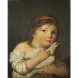 Follower Of Jean-Baptiste Greuze, Innocence, half-length study of a young girl holding a white do...