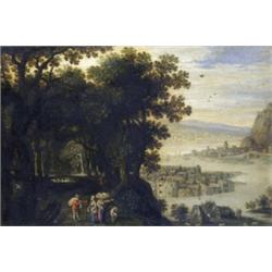 Flemish School (17th Century), Travellers On A Tree Lined Road, villages and bridge beyond in an...