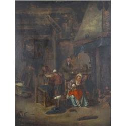 Dutch School (Early 19th Century), Kitchen Interior, a mother nursing her child by an open fire,...