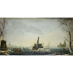 Dutch School (19th Century), Skaters On A Frozen Dyke, in a snow covered winter landscape with wi...