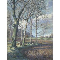 Edward Yoole (Exh. 1910 - 1920), A January Afternoon, figure beneath trees in winter sunshine, si...
