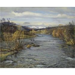 Donald H. Floyd (1892 - 1965), Early Spring, North Wales, river landscape, snow on the hilltops b...