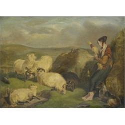 Follower of Sir Edwin Landseer, Summer In The Highlands, a shepherdess spinning wool, with dog an...