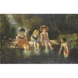 F** Dawnay (19th Century), Children Playing In A Stream, signed, 69 x 105cm 300/500...
