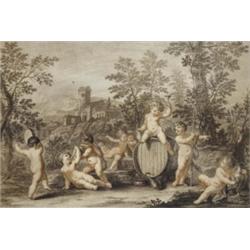 Infant Bacchic Revellers, coloured engraving by F. Bartolozzi, dated 1765, 26 x 39cm; a sepia rep...