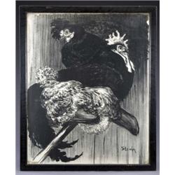 Theophile-Alexandre Steinlen, Wary Warriors, cockerels on a perch, signed in the plate, monochrom...