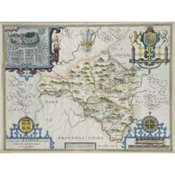 A Saxton engraved two-page map of Radnor, later hand coloured, for Bassett & Chiswell, dated 1610...