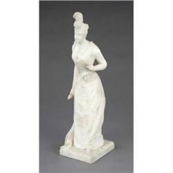 An Edwardian white statuary marble carving of a lady, standing, wearing a ballgown with rose cors...