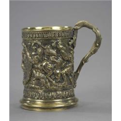 A Victorian brass electrotype cylindrical mug, in high relief with a continuous deep classical ba...