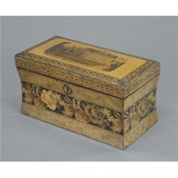 A walnut Tunbridge Ware two compartment tea caddy, with concave sides, slightly domed hinged cove...