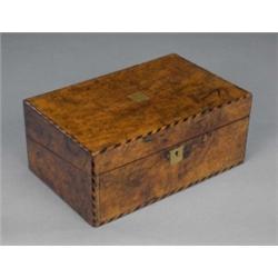 An early Victorian burr walnut folding writing box, with brass escutcheons, brass and harlequin s...
