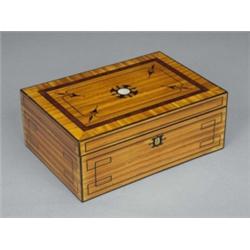 A satinwood combined needlework, writing and jewellery box, inlaid with ebony key pattern stringi...