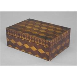 An early Victorian rosewood and boxwood cube parquetry box, the divided interior with hinged cove...