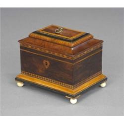 An early Victorian olivewood single-compartment tea caddy, the cavetto moulded hinged lid banded...