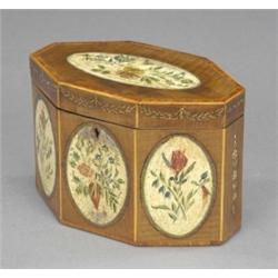 A George III painted harewood oblong octagonal two-compartment tea caddy, painted to the top and...