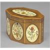 Image 1 : A George III painted harewood oblong octagonal two-compartment tea caddy, painted to the top and...