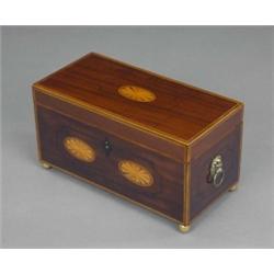 A good George III mahogany two-compartment tea caddy, the hinged lid and front inlaid with oval b...