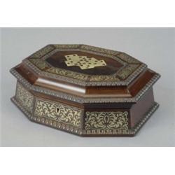 A post-Regency rosewood brass inlaid card box, of oblong octagonal form outlined with egg-and-dar...