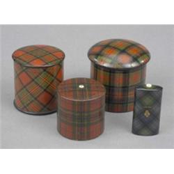 Mauchline Tartan Ware - a cylindrical thread box and cover, McLean, 5cm high; an oval thread box...