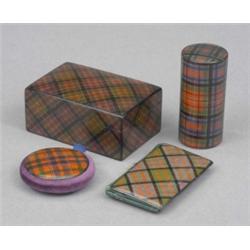 Mauchline Tartan Ware - a rectangular box, with domed cover, Clanranold, 8.5cm wide; a cylindrica...
