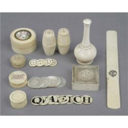 A French ivory cylindrical box, the cover with beaded border and inset panel enamelled with roman...