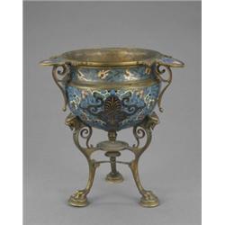 A French gilt-bronze and champleve enamel jardiniere, of classical tripod design, the hemispheric...