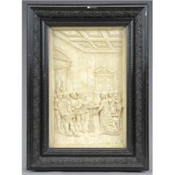 A Victorian ivory tinted and moulded plaster relief, Mary Queen Of Scots Receiving Warrant For Ex...