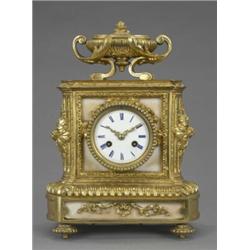 A French ormolu mantel clock in Louis XVI style, of bow ended rectangular architectural form, the...