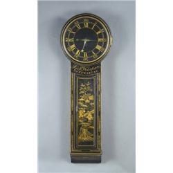 A circular black dial tavern clock, with Roman and Arabic chapter ring, 39cm diam, thirty hour mo...