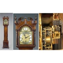 A mahogany small longcase clock, the arched brass 17cm arched dial with mask spandrels, silvered...