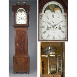 A mahogany longcase clock, the enamelled 36cm dial with lunar phases to arch, floral spandrels an...