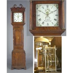 An oak longcase clock, the square 29cm enamelled dial with floral spandrels and Roman chapter rin...
